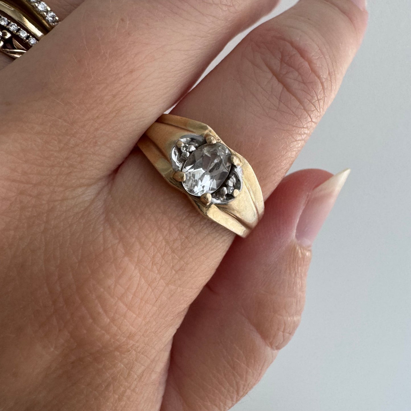 V I N T A G E // ode to deco / 10k domed wide tapered band with topaz and sapphire / size 10.25