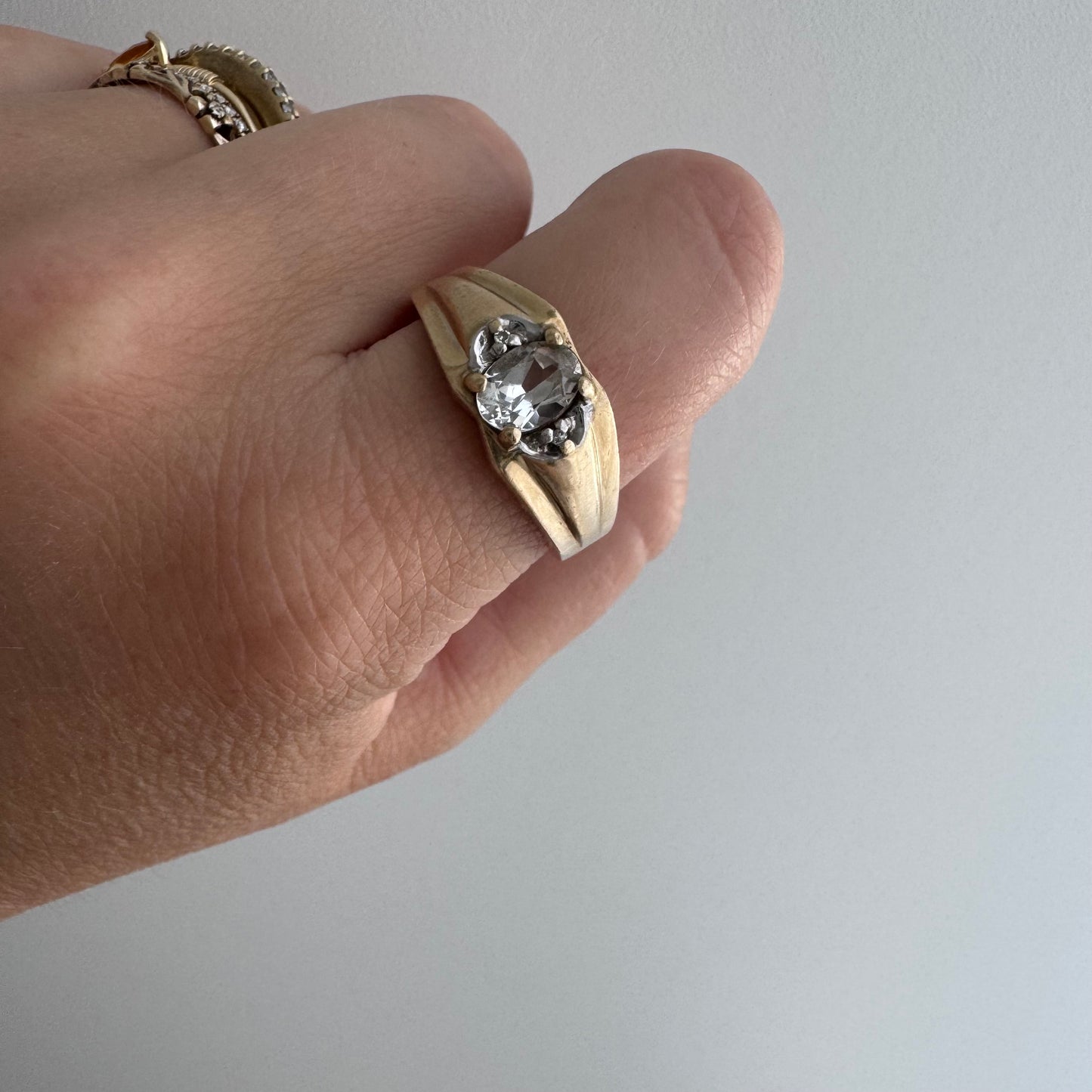 V I N T A G E // ode to deco / 10k domed wide tapered band with topaz and sapphire / size 10.25