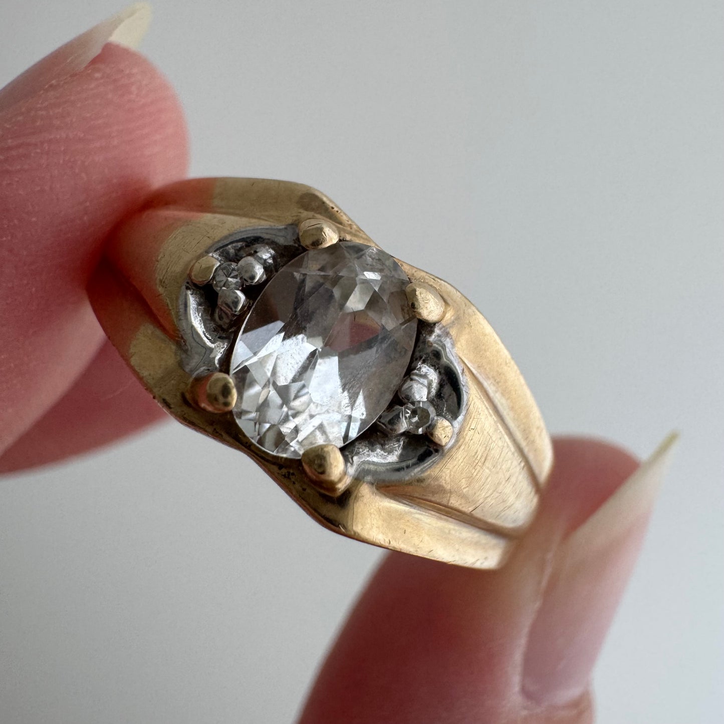 V I N T A G E // ode to deco / 10k domed wide tapered band with topaz and sapphire / size 10.25