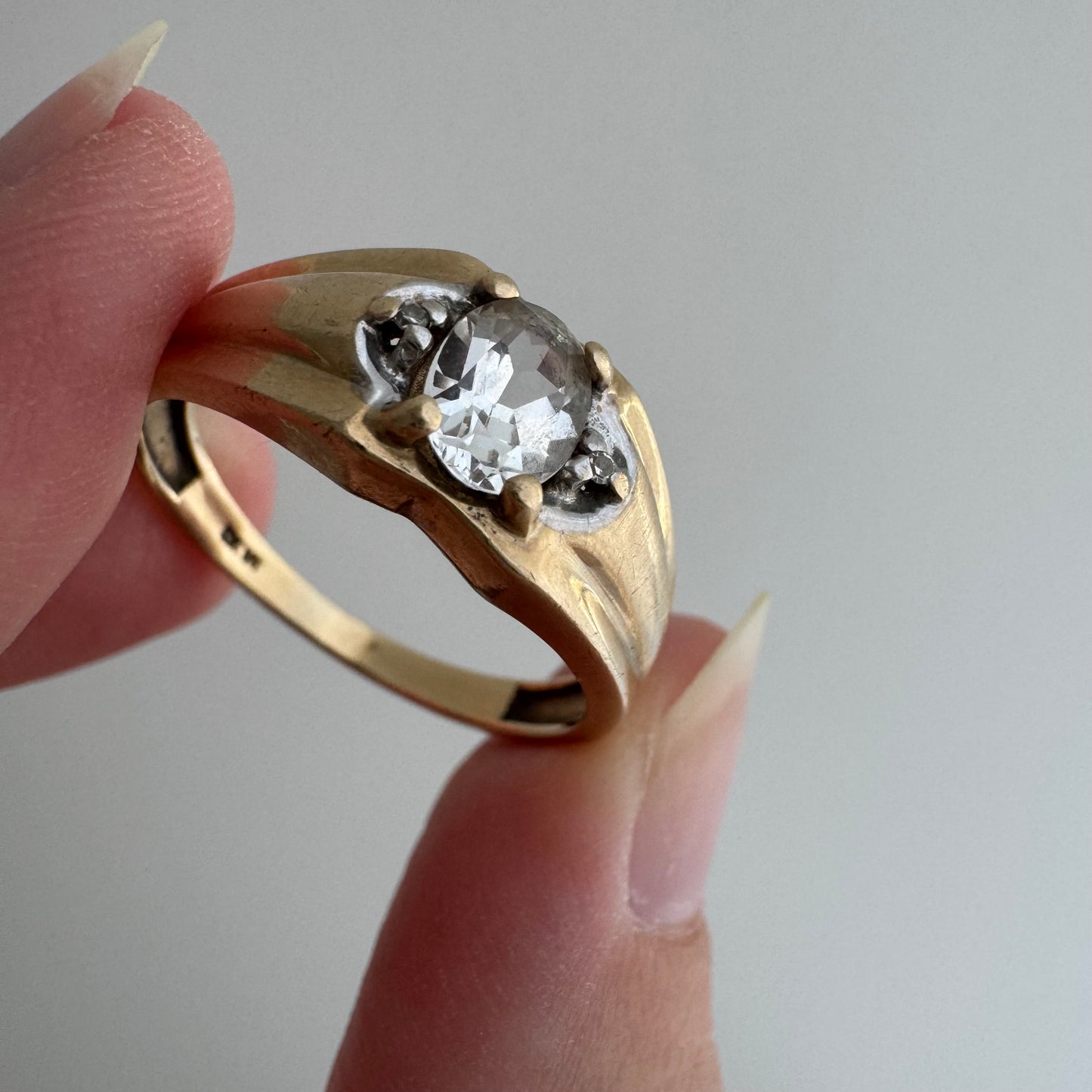 V I N T A G E // ode to deco / 10k domed wide tapered band with topaz and sapphire / size 10.25