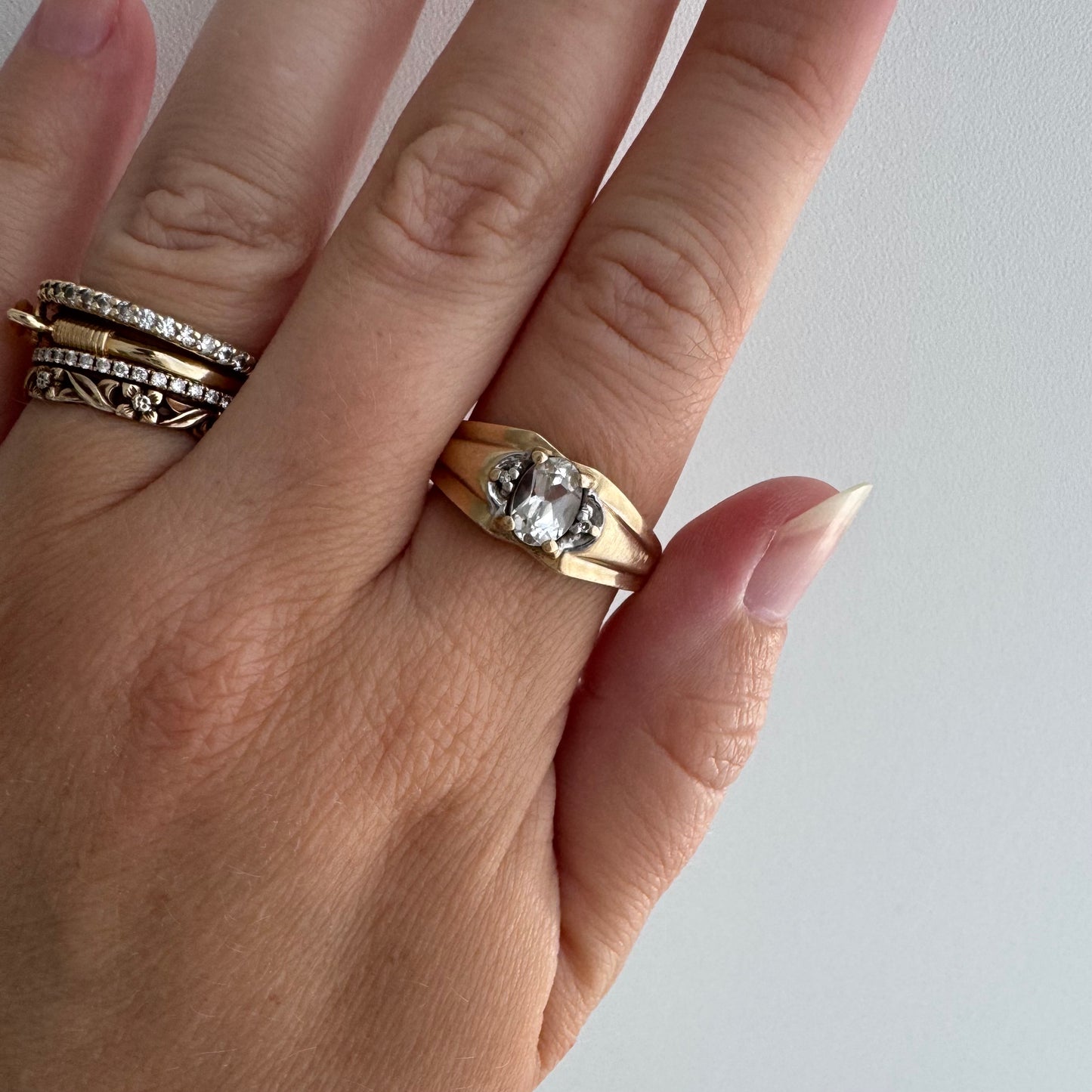 V I N T A G E // ode to deco / 10k domed wide tapered band with topaz and sapphire / size 10.25