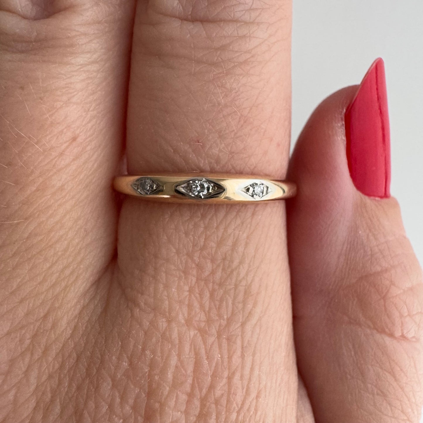 V I N T A G E // diamond eyes / 14k yellow and white gold diamond trilogy band / size 6.75