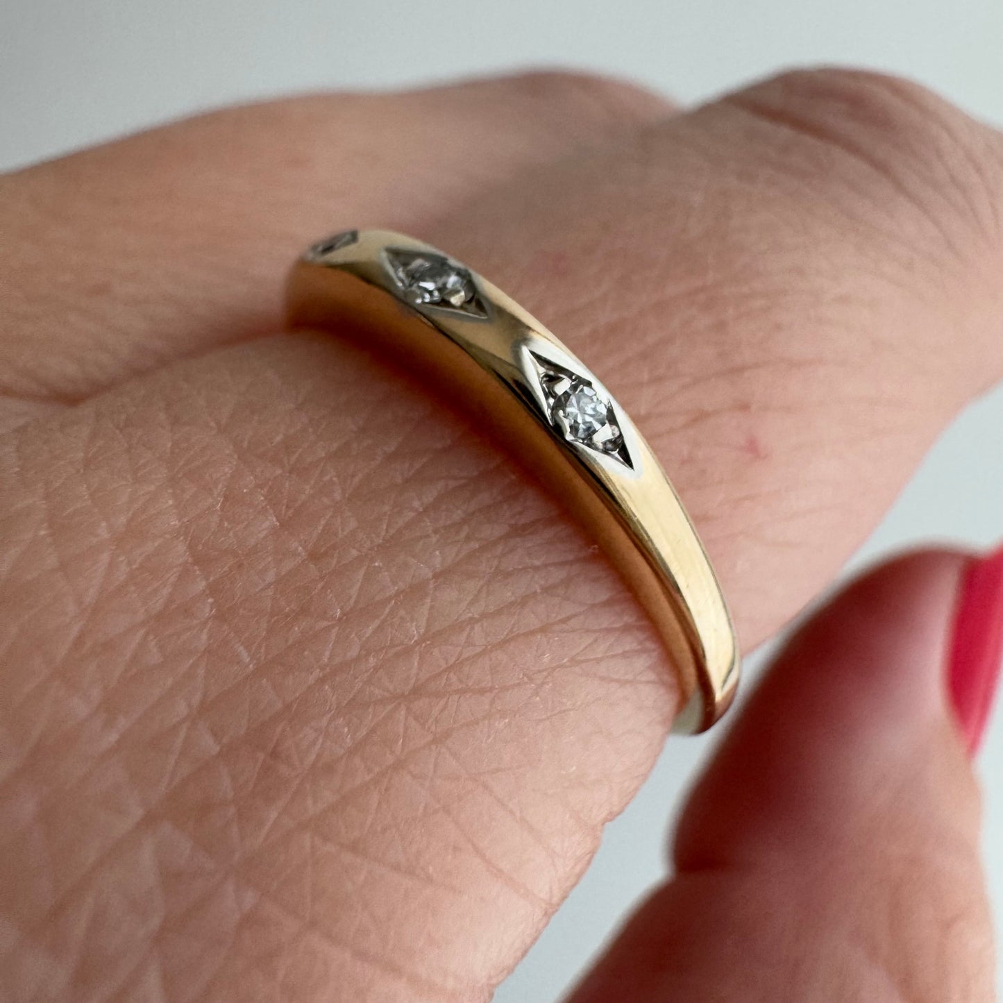 V I N T A G E // diamond eyes / 14k yellow and white gold diamond trilogy band / size 6.75