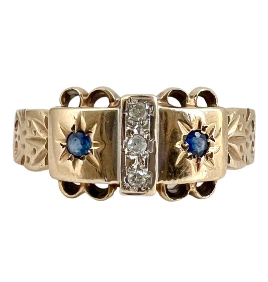 V I N T A G E // bird-like band / 9k yellow gold starburst ring with diamonds and sapphire / size 7.25 to 7.5