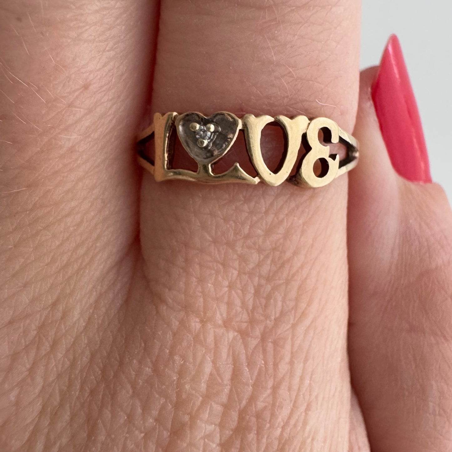 V I N T A G E // LOVE / 10k and diamond love word stacking ring / size 7