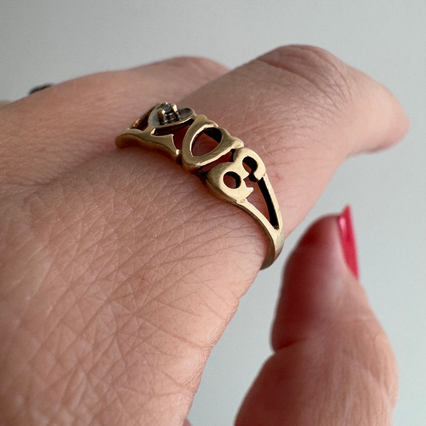 V I N T A G E // LOVE / 10k and diamond love word stacking ring / size 7