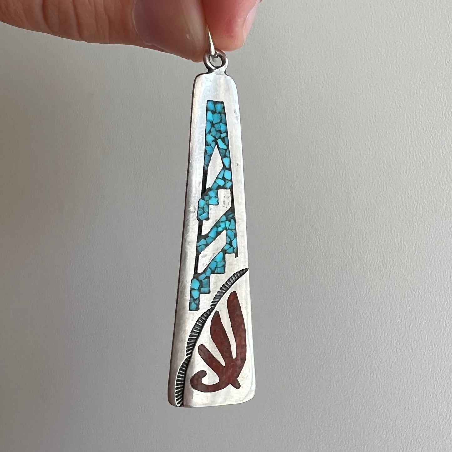 V I N T A G E // shapes in shapes / sterling silver almost triangle with inlaid turquoise and coral shapes / a pendant