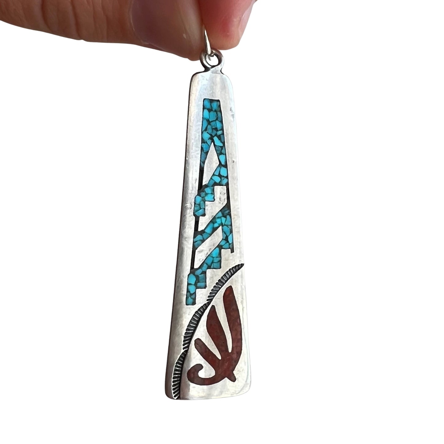 V I N T A G E // shapes in shapes / sterling silver almost triangle with inlaid turquoise and coral shapes / a pendant