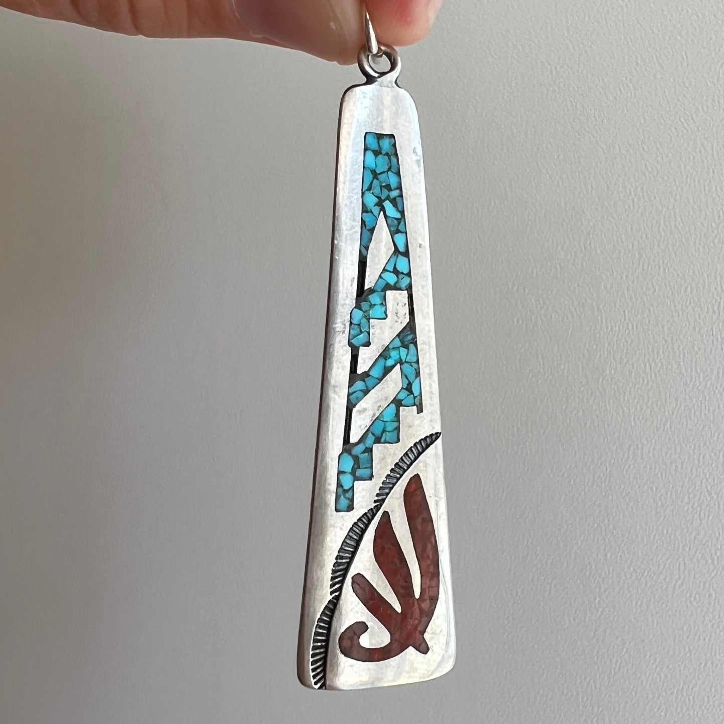 V I N T A G E // shapes in shapes / sterling silver almost triangle with inlaid turquoise and coral shapes / a pendant