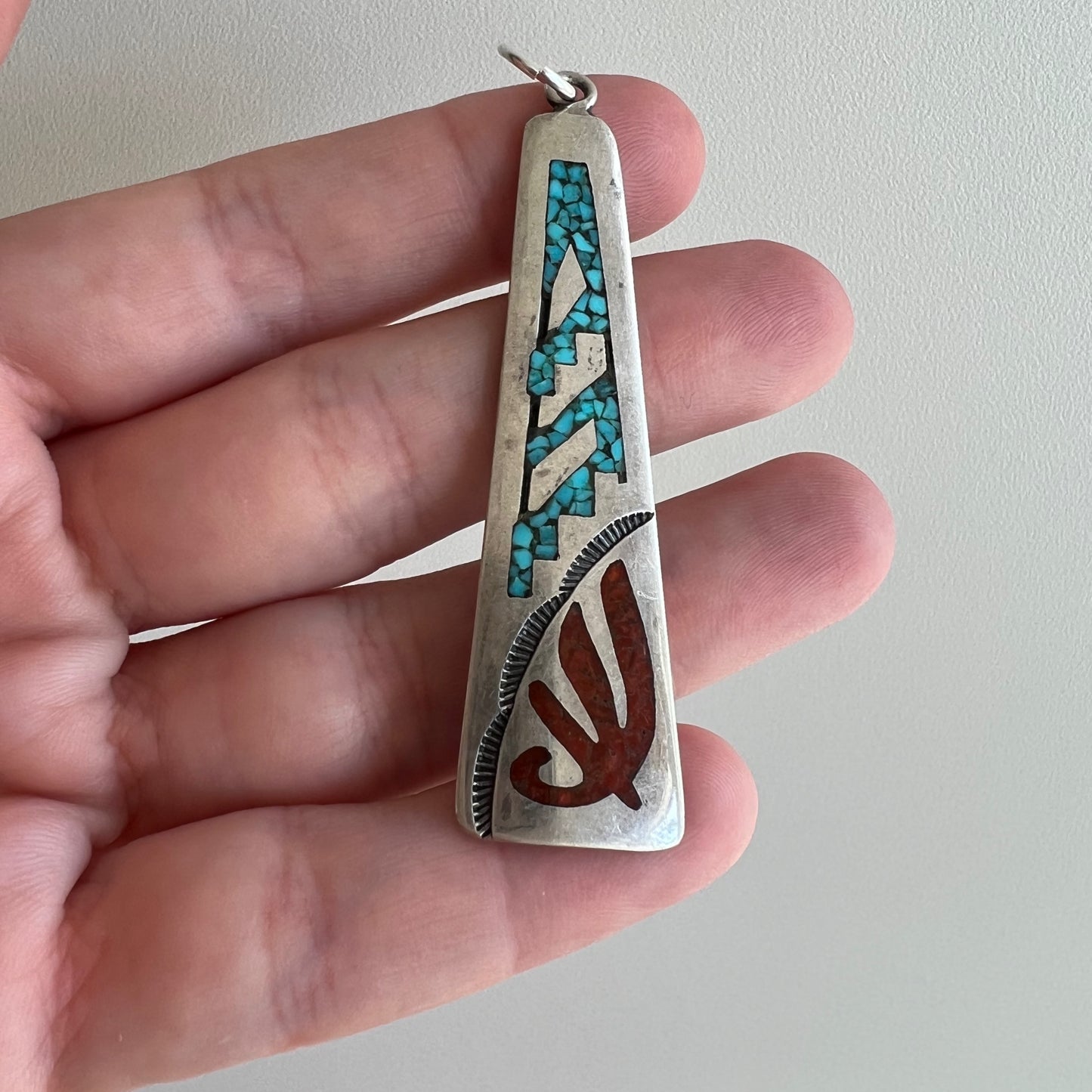 V I N T A G E // shapes in shapes / sterling silver almost triangle with inlaid turquoise and coral shapes / a pendant