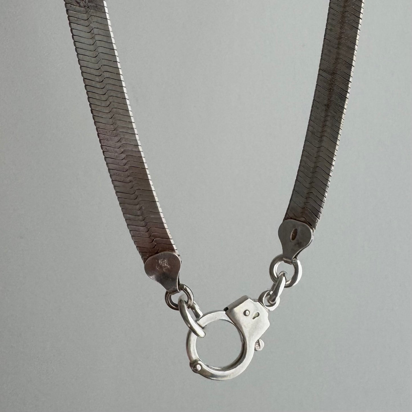 reimagined V I N T A G E // handcuff clasp / re-worked sterling silver wide flat herringbone chain / almost 16.75", 20.7g