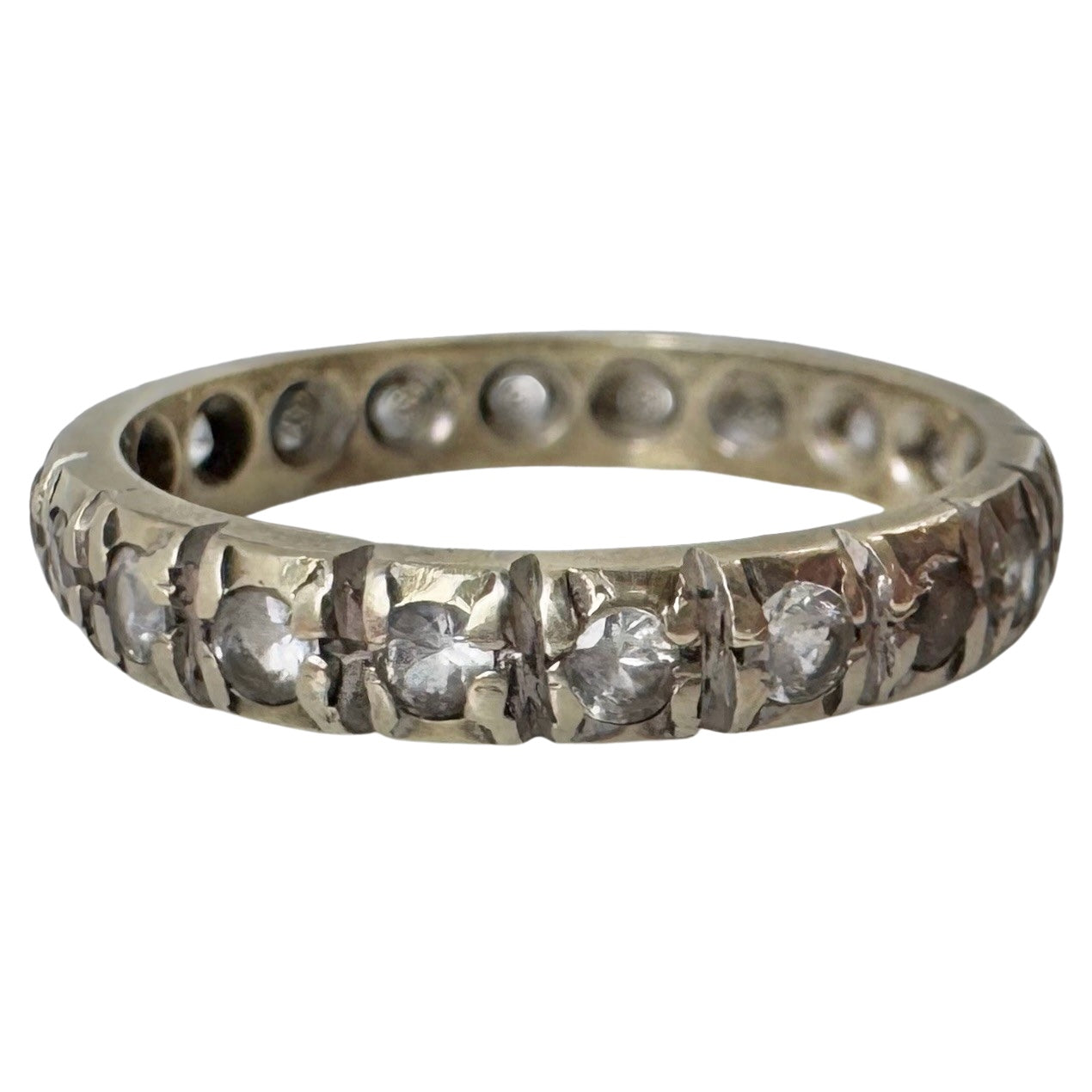 V I N T A G E // eternal illusion / rustic synthetic white spinel full eternity band / solid 9k 9ct white gold / size 6.75