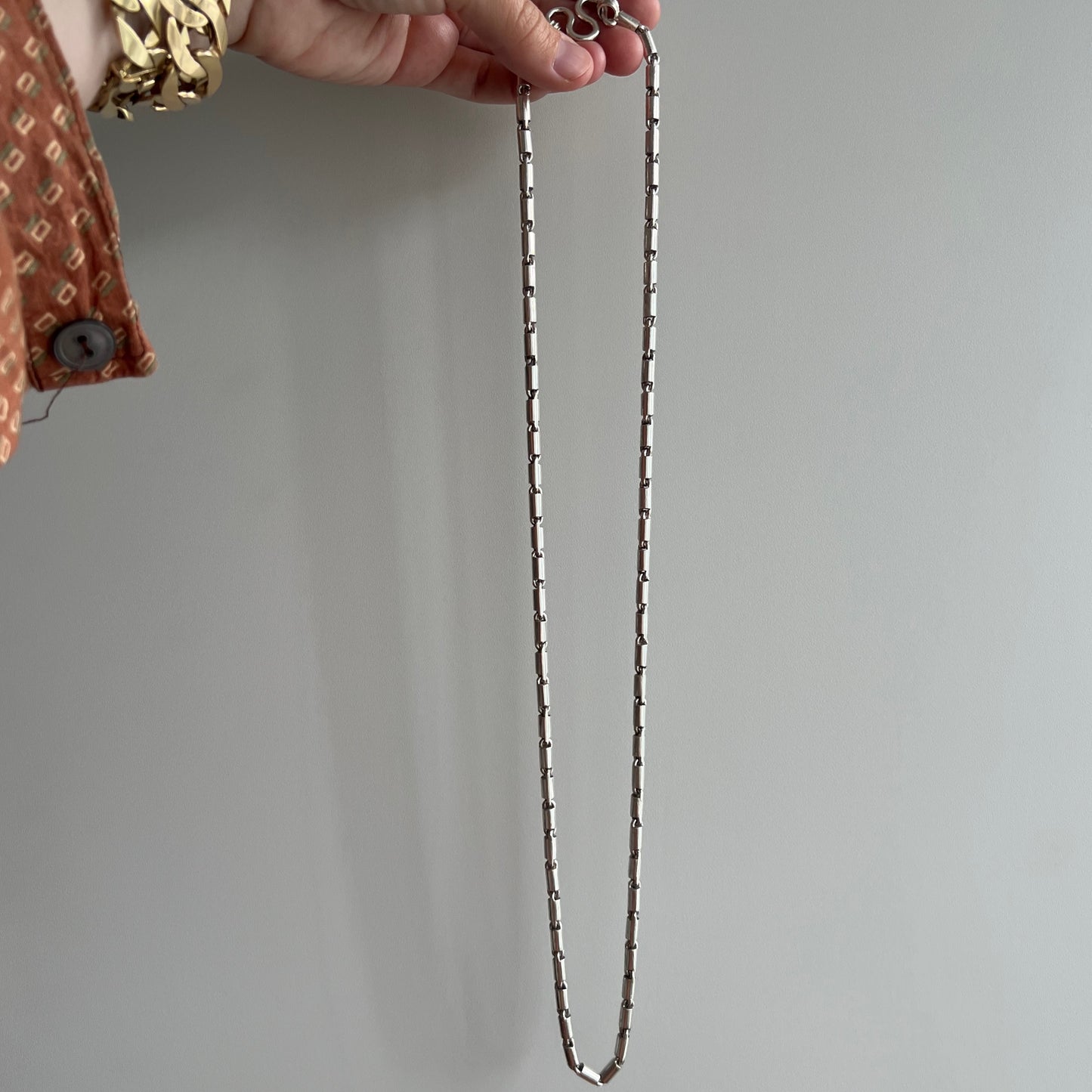 V I N T A G E // long and heavy baht / sterling silver Baht bar link chain / 27.25" 74g