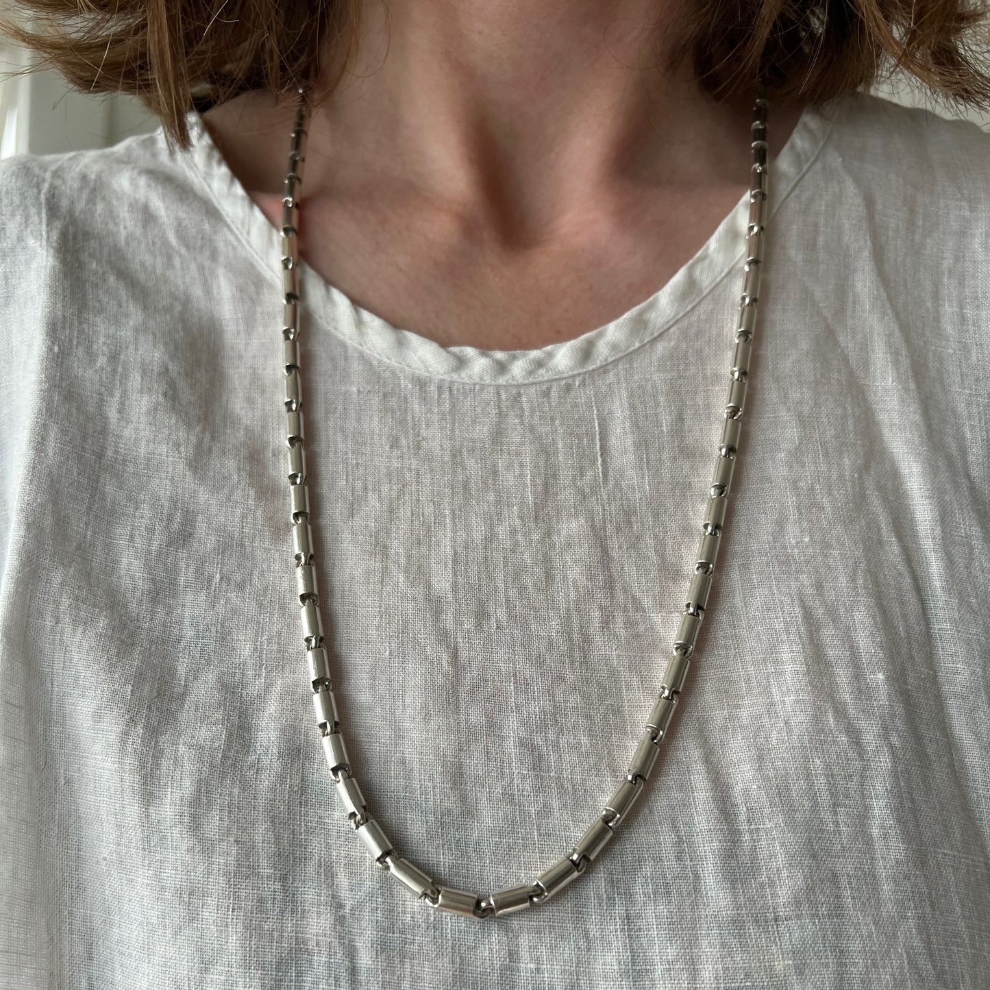 V I N T A G E // long and heavy baht / sterling silver Baht bar link chain / 27.25" 74g