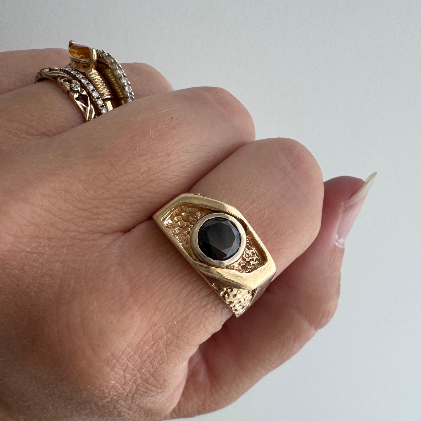 P R E - L O V E D // side eye / 14k and black diamond solitaire stacking shadowbox ring / size 8.25