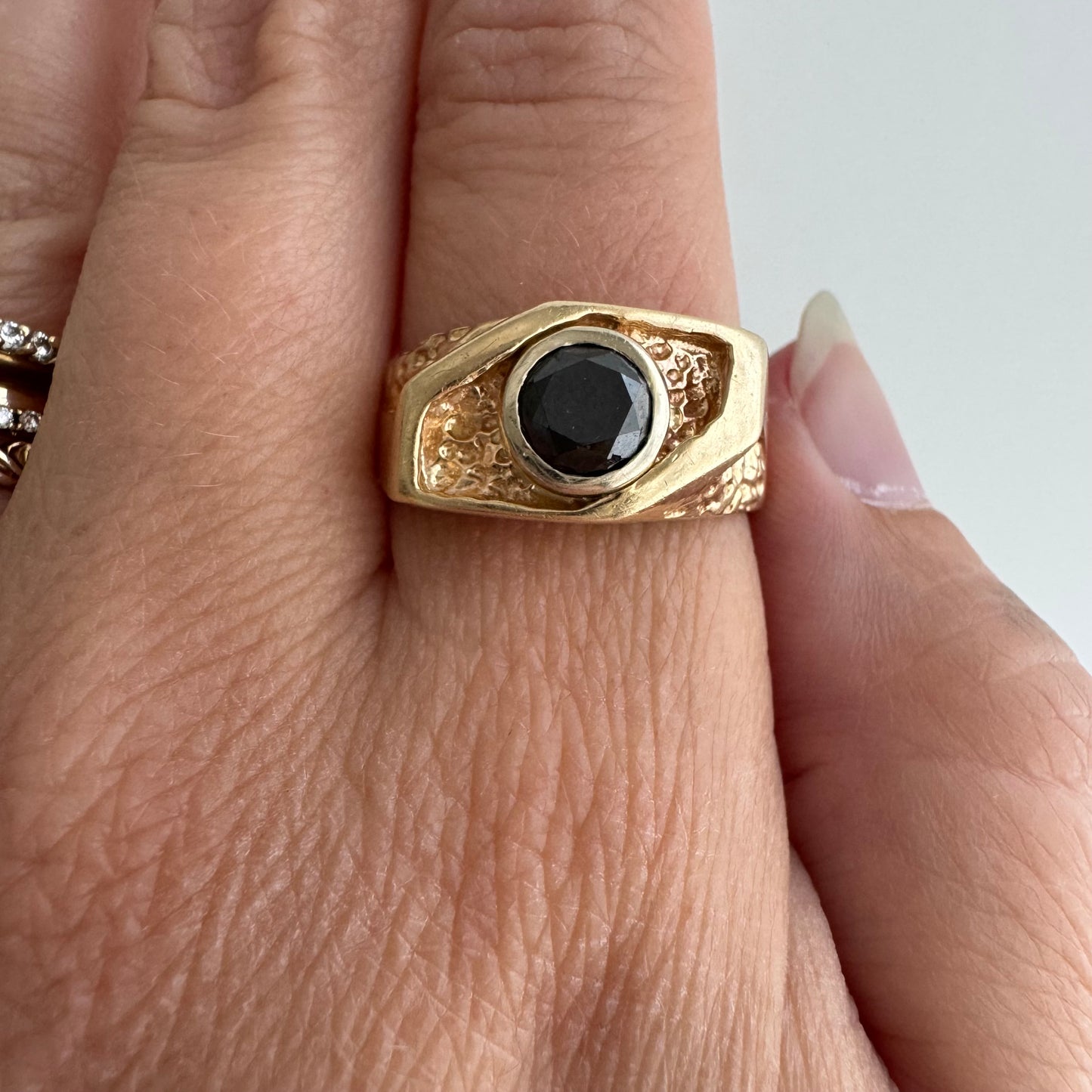 P R E - L O V E D // side eye / 14k and black diamond solitaire stacking shadowbox ring / size 8.25