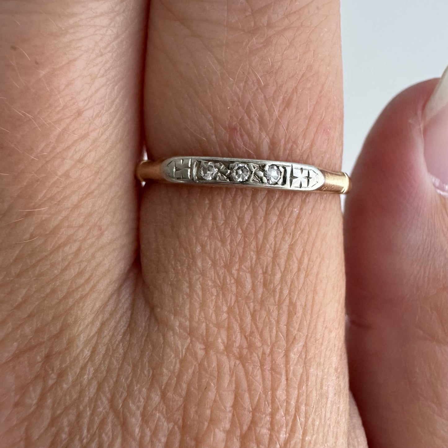 V I N T A G E // deco trilogy / art deco 14k yellow and white gold three diamond stacking band / size 6.75