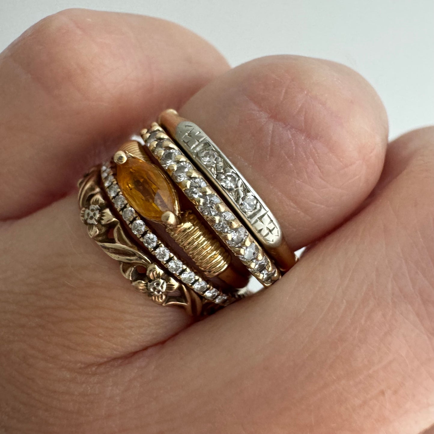 V I N T A G E // deco trilogy / art deco 14k yellow and white gold three diamond stacking band / size 6.75