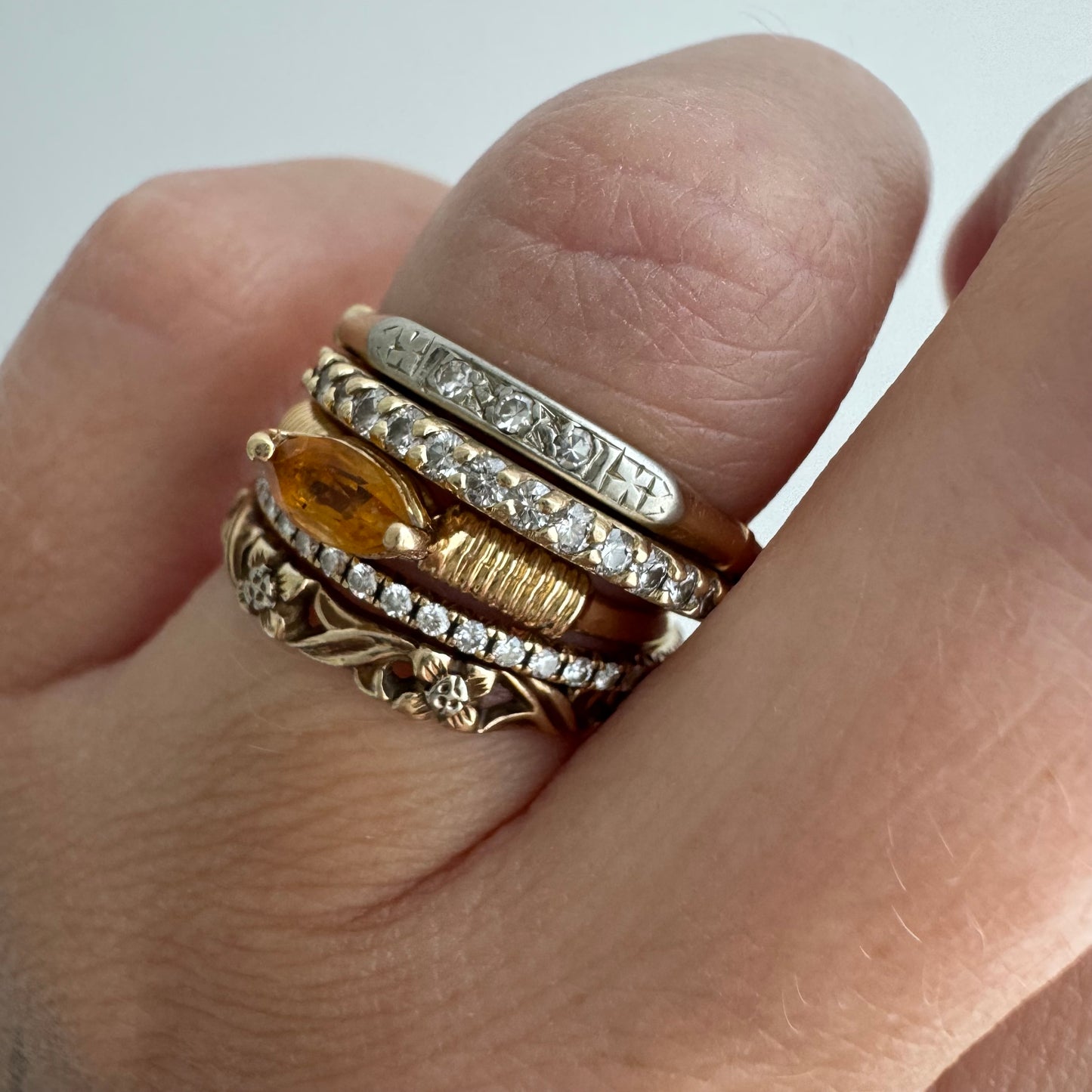 V I N T A G E // deco trilogy / art deco 14k yellow and white gold three diamond stacking band / size 6.75