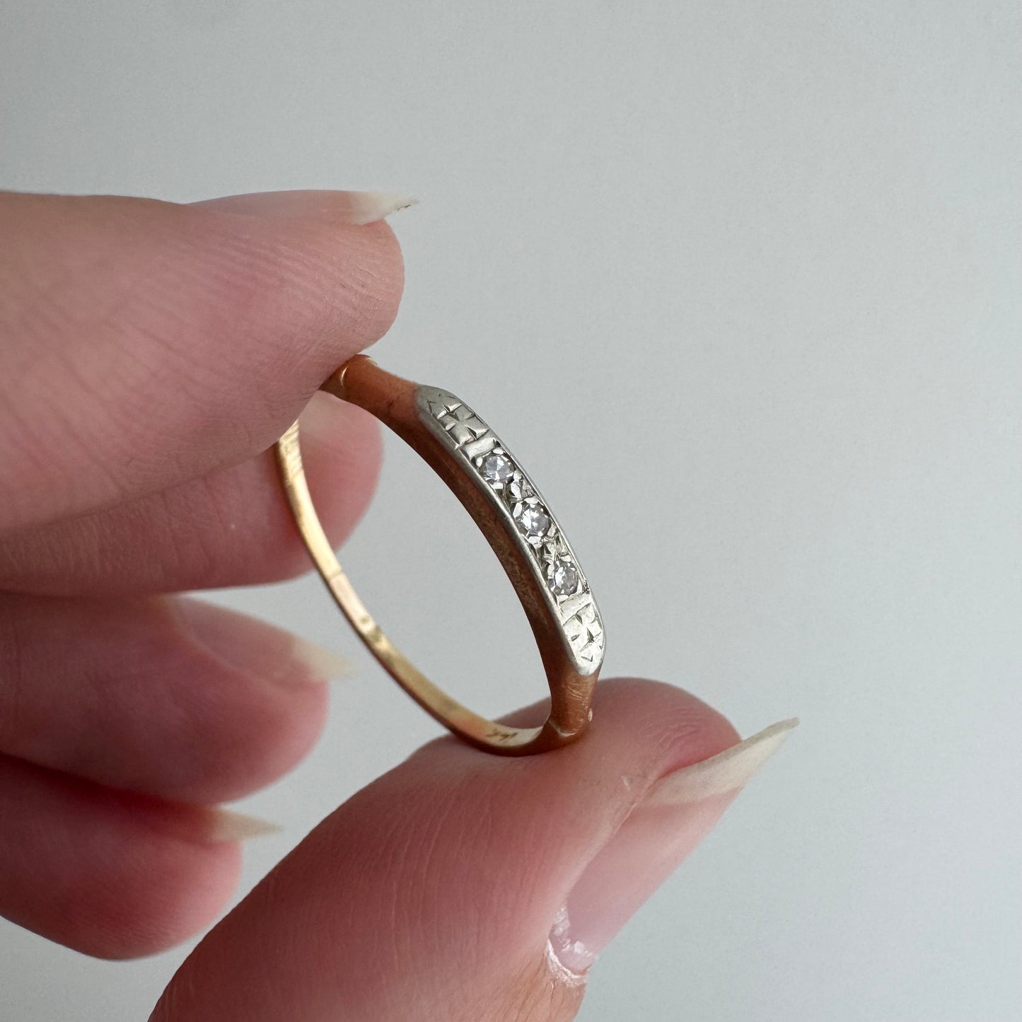 V I N T A G E // deco trilogy / art deco 14k yellow and white gold three diamond stacking band / size 6.75