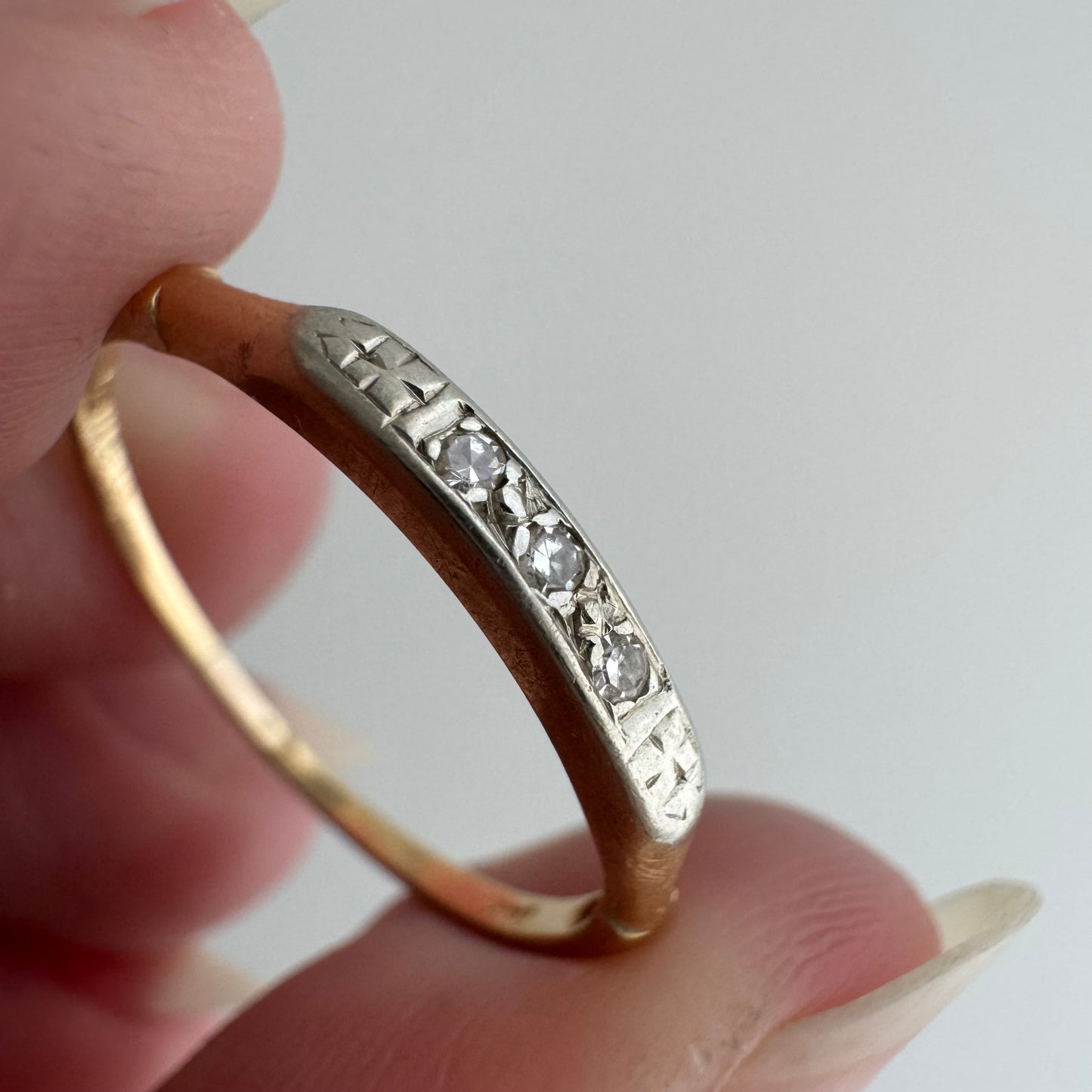 V I N T A G E // deco trilogy / art deco 14k yellow and white gold three diamond stacking band / size 6.75