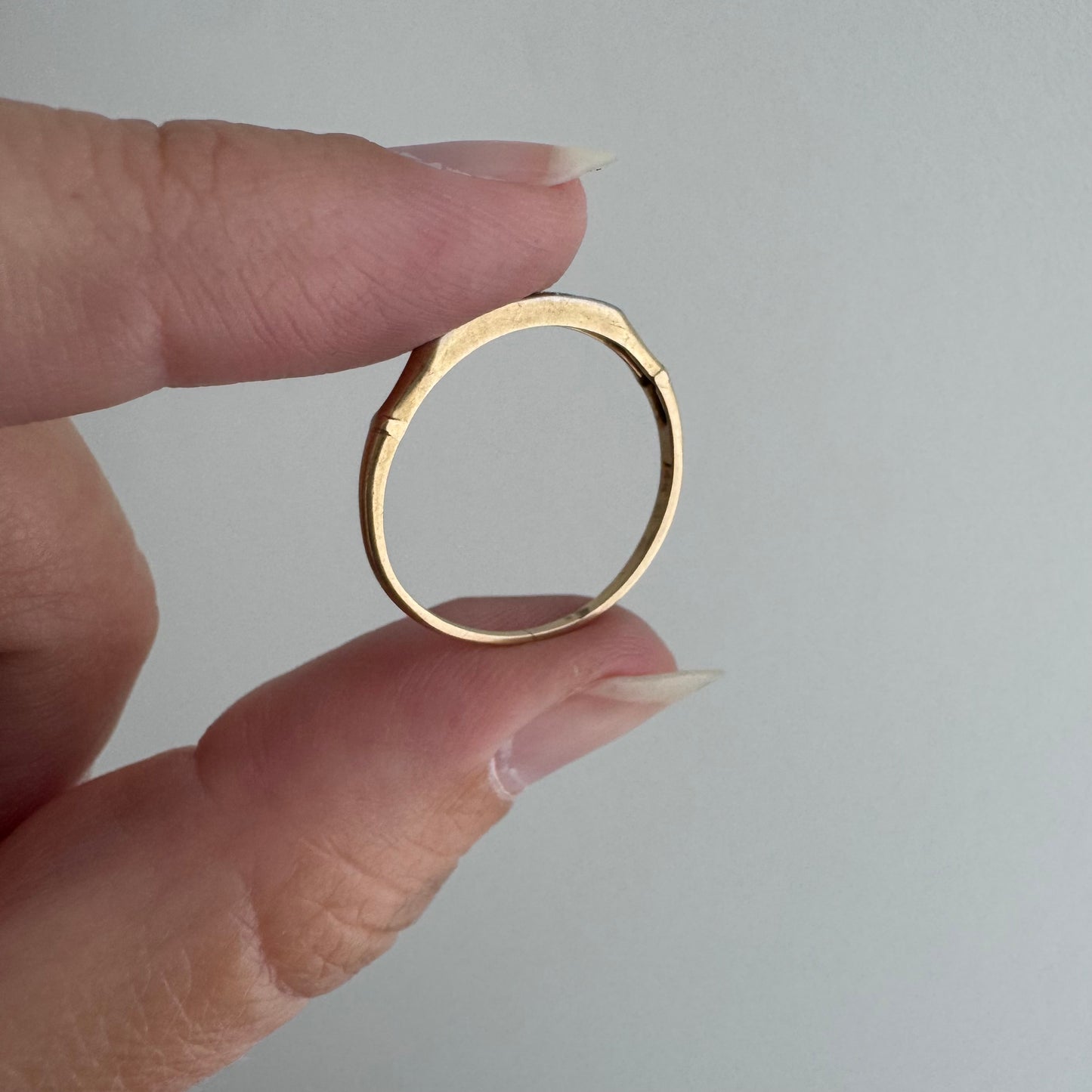 V I N T A G E // deco trilogy / art deco 14k yellow and white gold three diamond stacking band / size 6.75