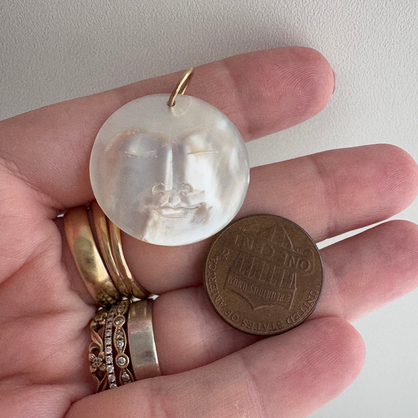 V I N T A G E // 1970s moon / carved mother of pearl moon + 14k bail / a pendant