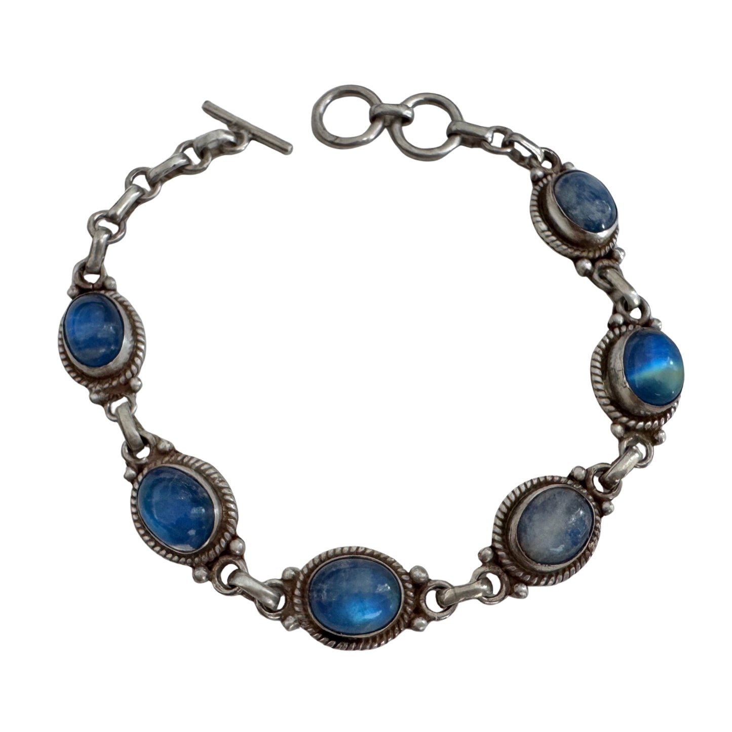 V I N T A G E // moonstone magic / sterling silver blue moonstoon link bracelet / 7" to 7.5", 14.3g