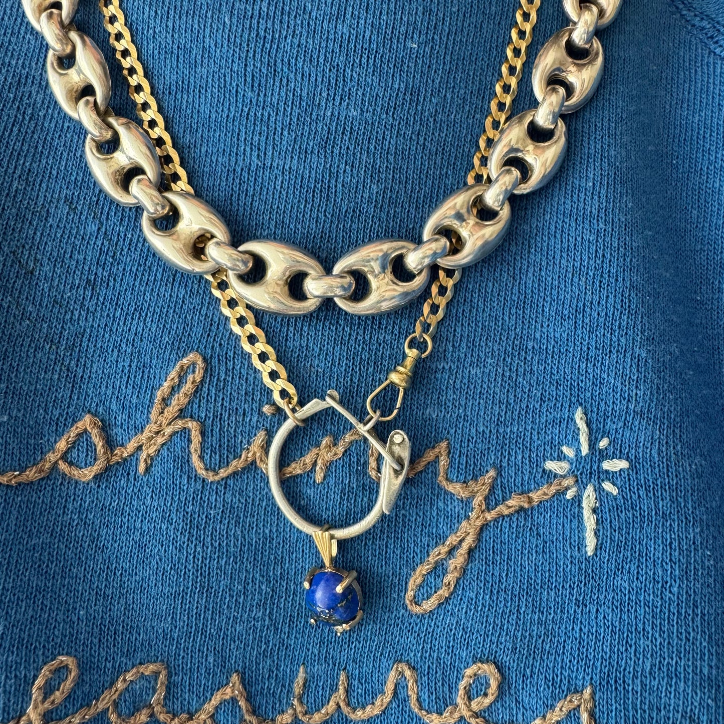 reimagined V I N T A G E // connected possibilities / 10k yellow gold flat curb chain with 10k dog clip and 925 carabiner charm holder / ~19.75"