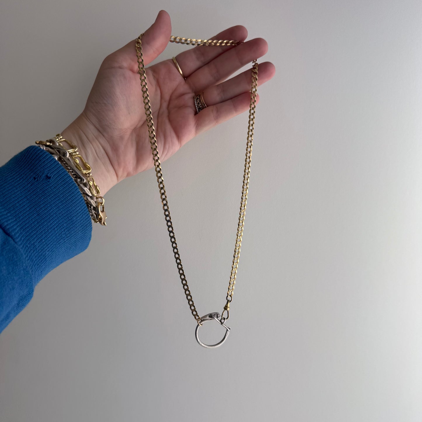 reimagined V I N T A G E // connected possibilities / 10k yellow gold flat curb chain with 10k dog clip and 925 carabiner charm holder / ~19.75"