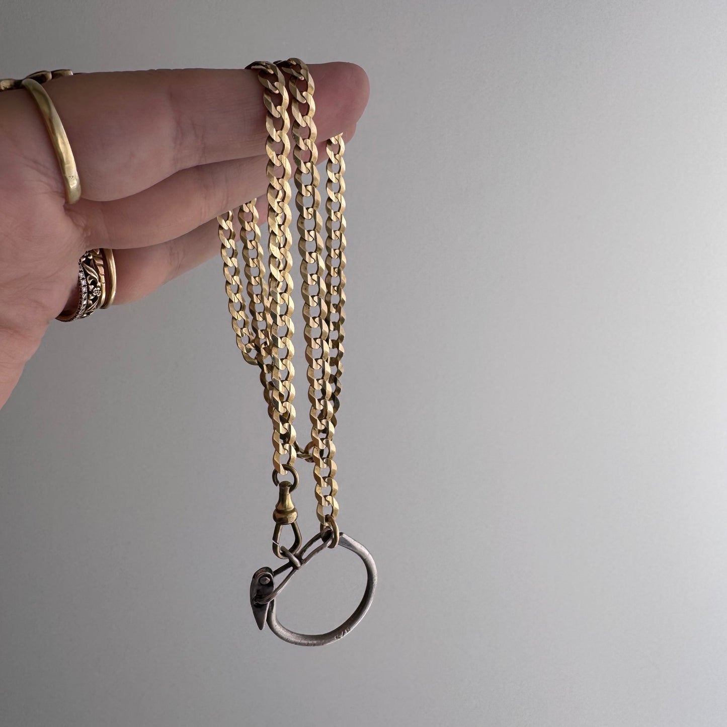 reimagined V I N T A G E // connected possibilities / 10k yellow gold flat curb chain with 10k dog clip and 925 carabiner charm holder / ~19.75"