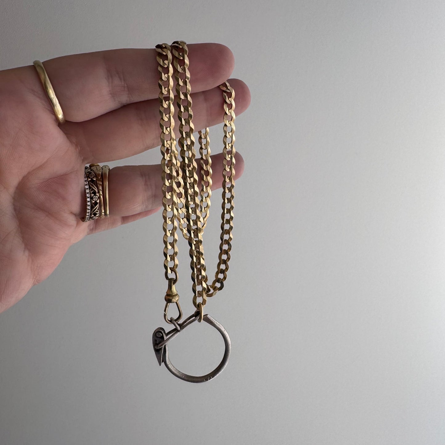 reimagined V I N T A G E // connected possibilities / 10k yellow gold flat curb chain with 10k dog clip and 925 carabiner charm holder / ~19.75"