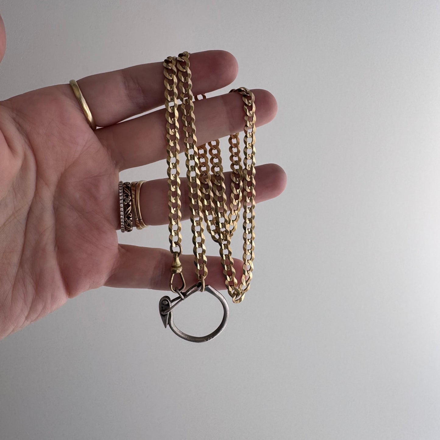 reimagined V I N T A G E // connected possibilities / 10k yellow gold flat curb chain with 10k dog clip and 925 carabiner charm holder / ~19.75"