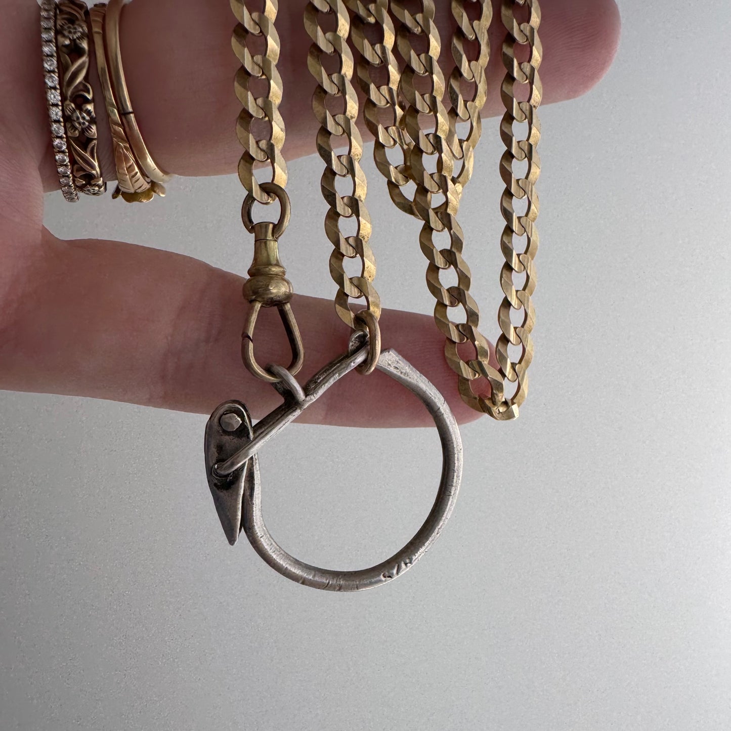 reimagined V I N T A G E // connected possibilities / 10k yellow gold flat curb chain with 10k dog clip and 925 carabiner charm holder / ~19.75"