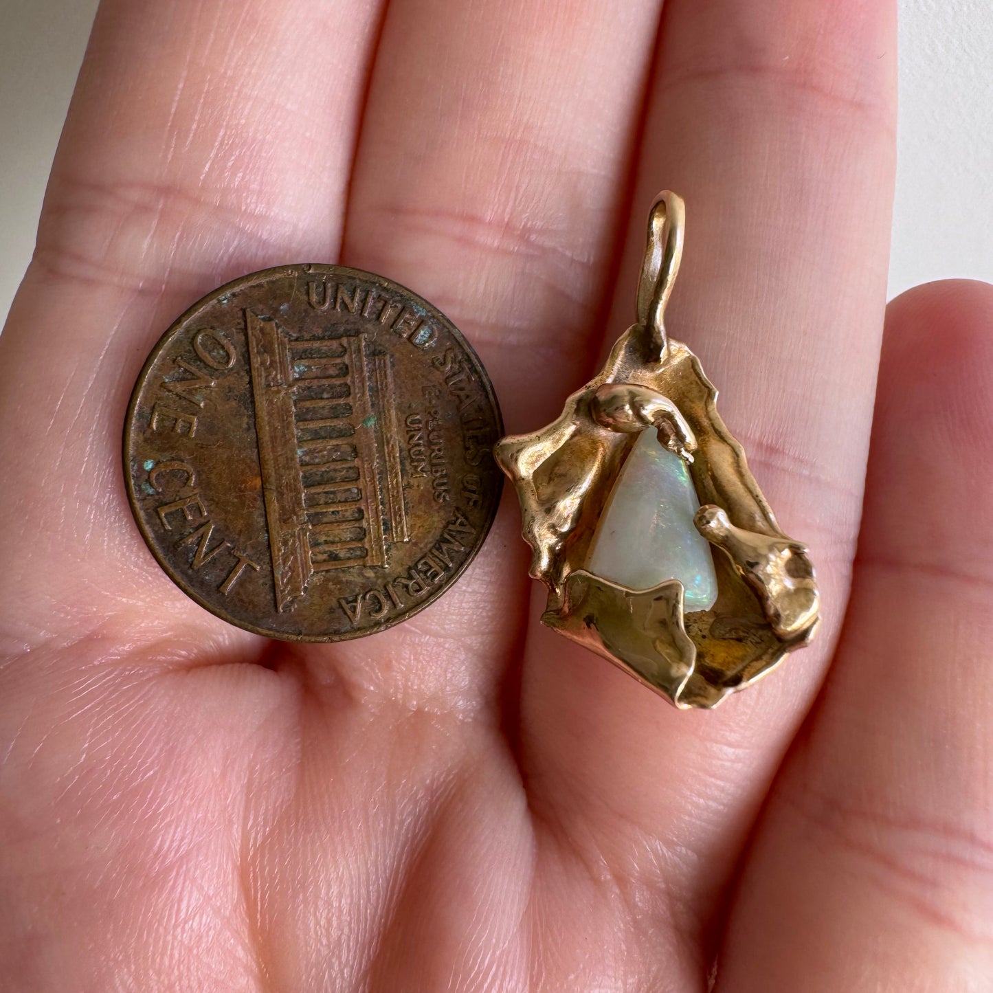 V I N T A G E // brutalist rainbow / 14k yellow gold and opal / a pendant