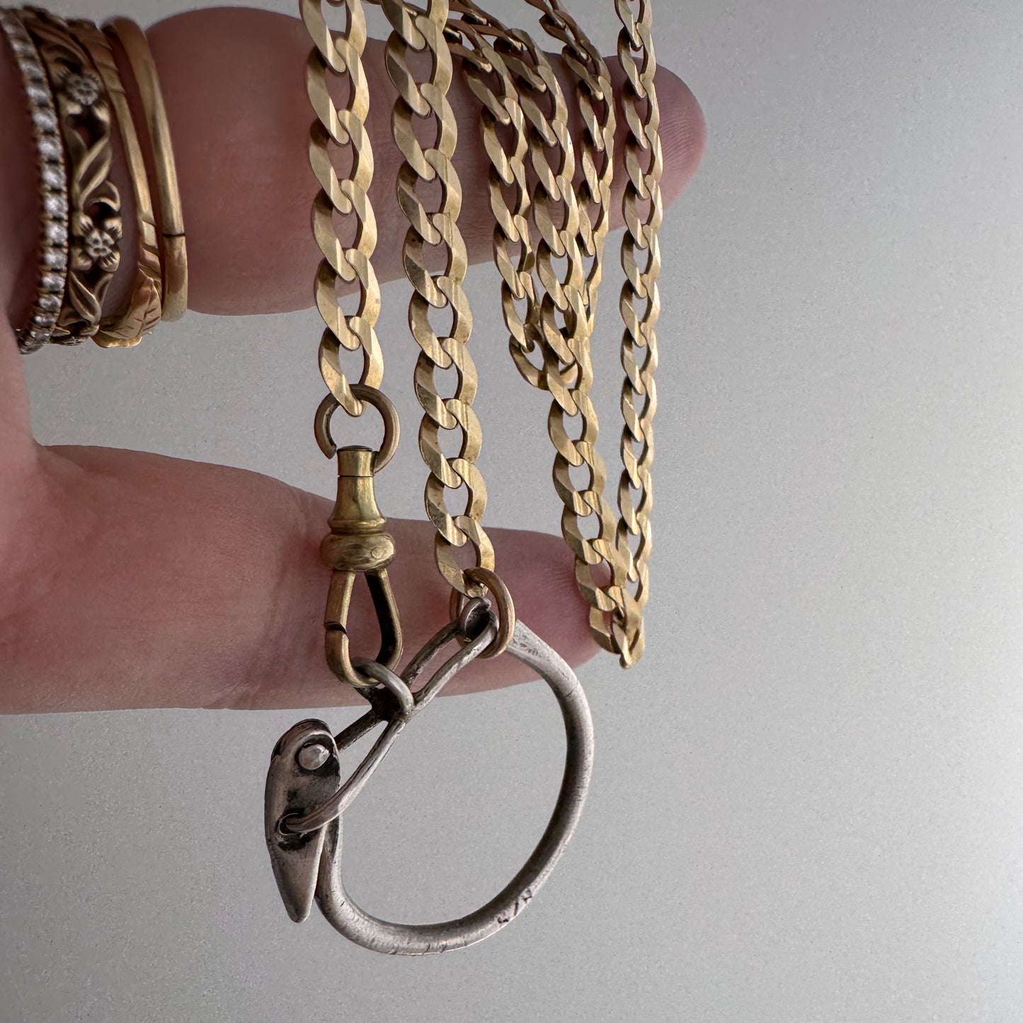 reimagined V I N T A G E // connected possibilities / 10k yellow gold flat curb chain with 10k dog clip and 925 carabiner charm holder / ~19.75"