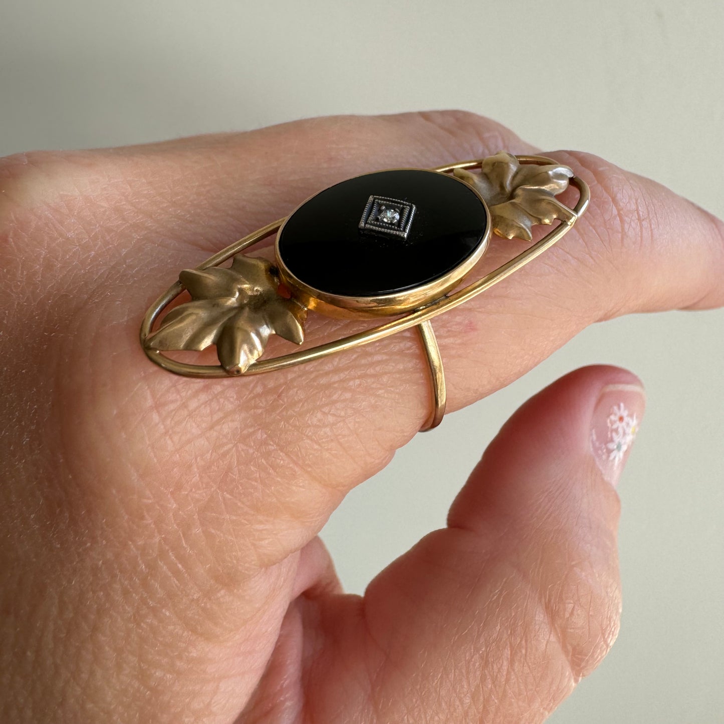 reimagined V I N T A G E // forest shield / 10k yellow gold onyx and diamond / a full finger ring / size 7