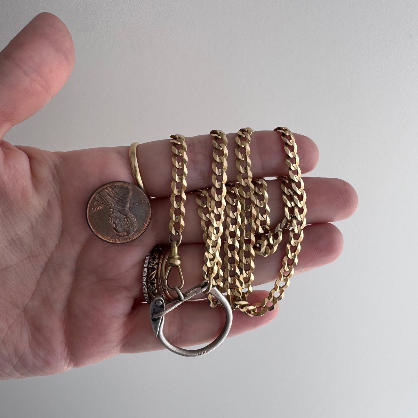 reimagined V I N T A G E // connected possibilities / 10k yellow gold flat curb chain with 10k dog clip and 925 carabiner charm holder / ~19.75"