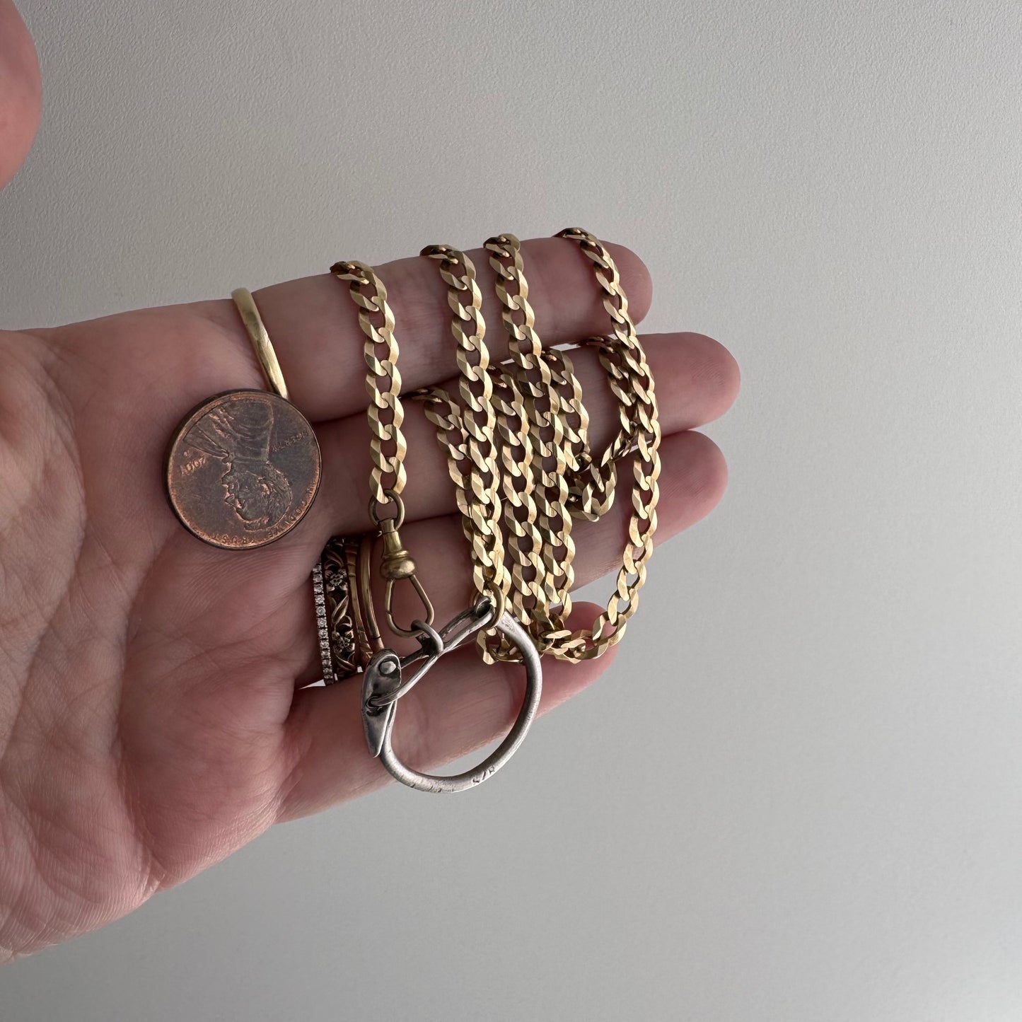 reimagined V I N T A G E // connected possibilities / 10k yellow gold flat curb chain with 10k dog clip and 925 carabiner charm holder / ~19.75"