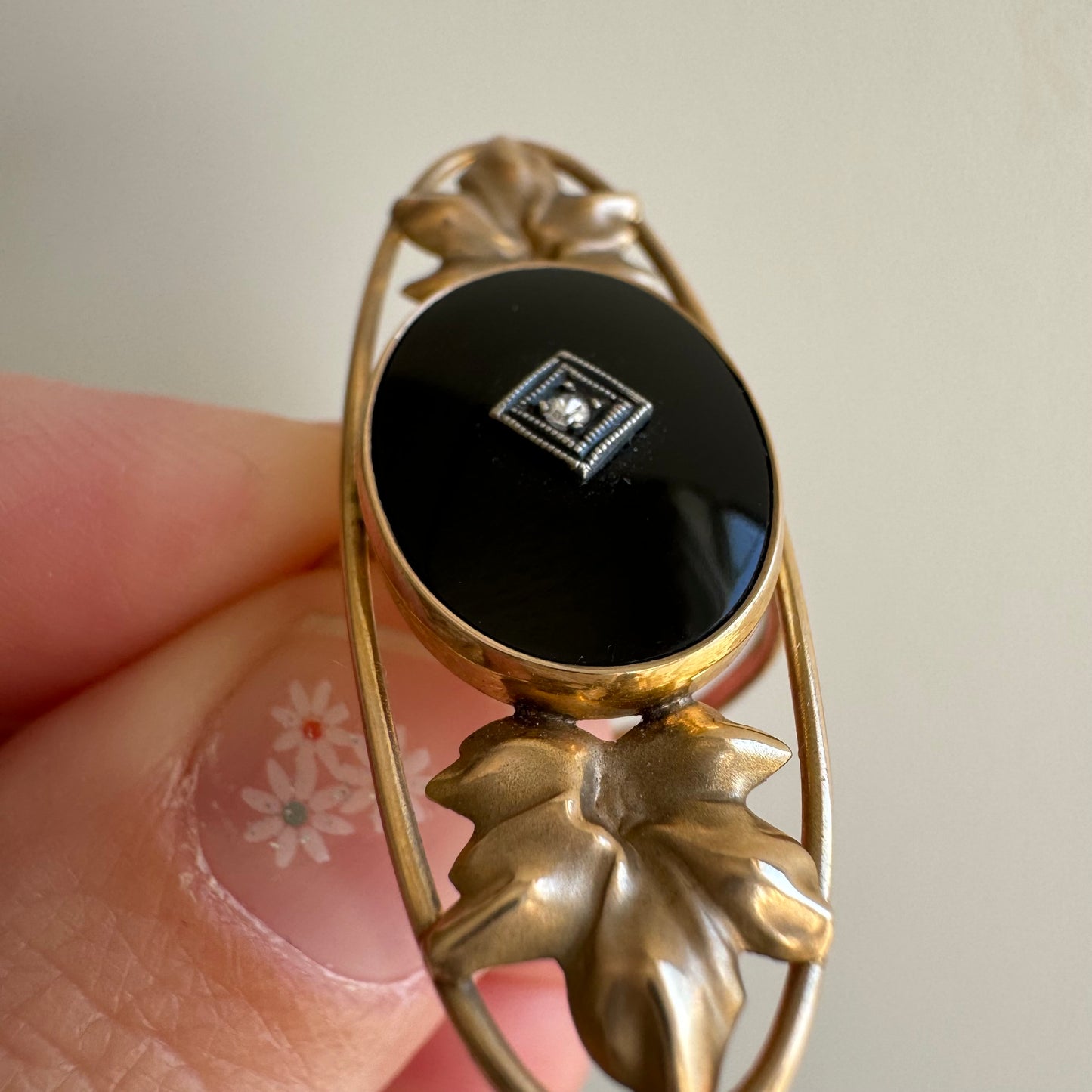 reimagined V I N T A G E // forest shield / 10k yellow gold onyx and diamond / a full finger ring / size 7