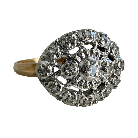 V I N T A G E // mid century eye / 14k yellow and white gold diamond cluster ring / size 6