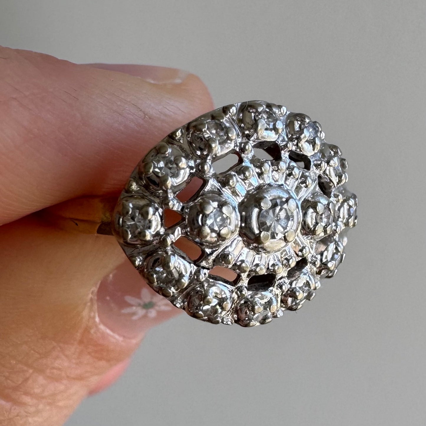 V I N T A G E // mid century eye / 14k yellow and white gold diamond cluster ring / size 6