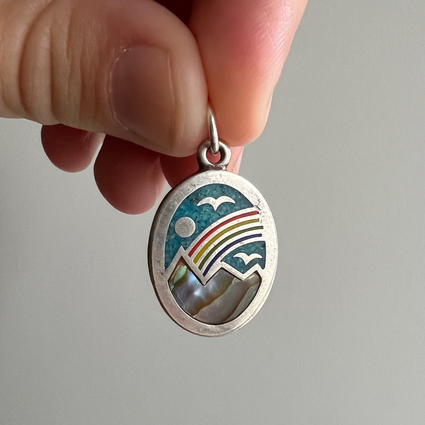 V I N T A G E // serene scene / sterling silver inlay pendant with rainbow and mountain