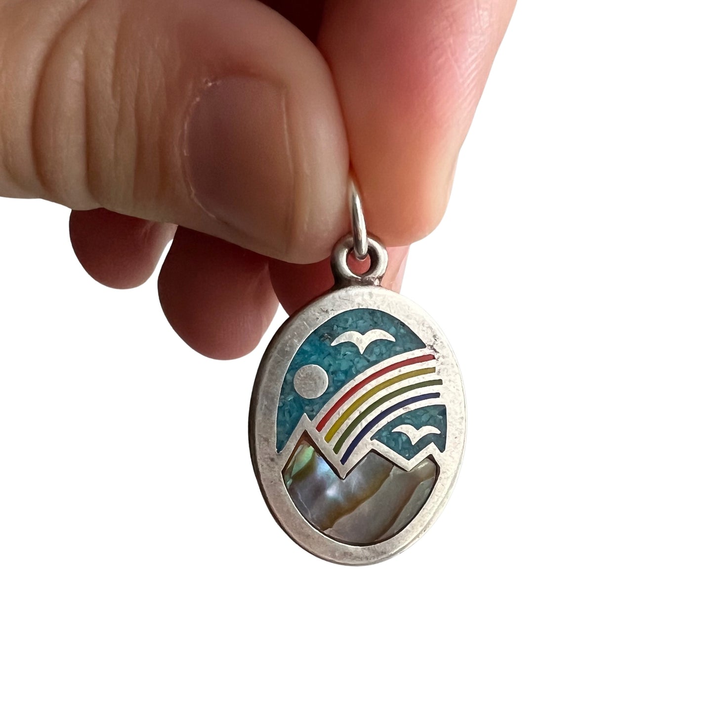 V I N T A G E // serene scene / sterling silver inlay pendant with rainbow and mountain