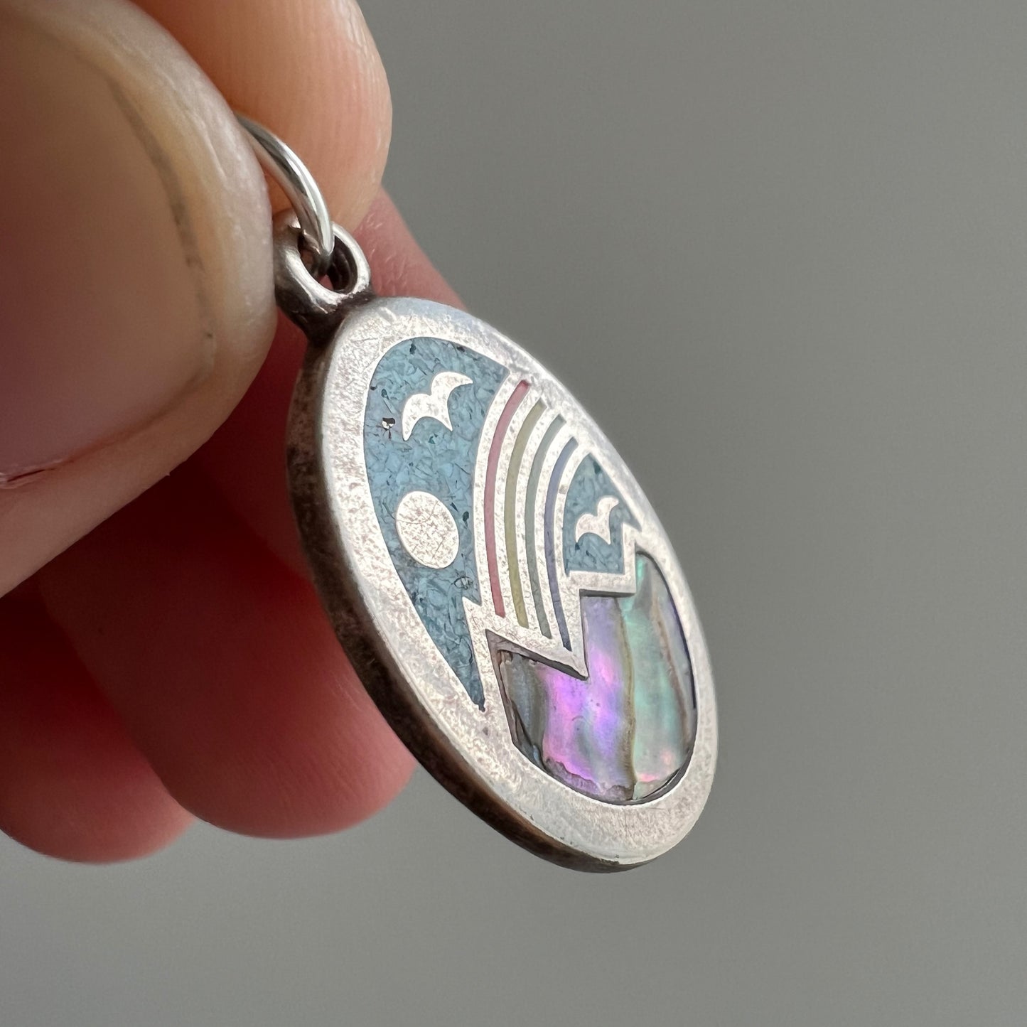 V I N T A G E // serene scene / sterling silver inlay pendant with rainbow and mountain