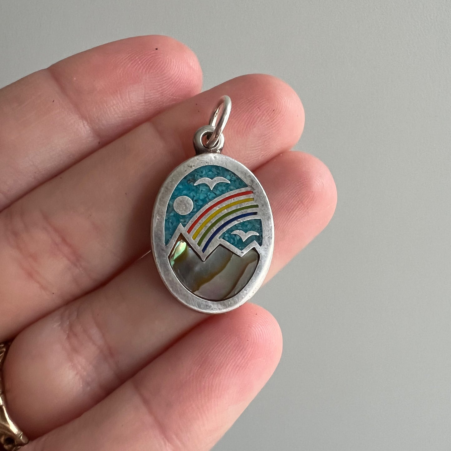 V I N T A G E // serene scene / sterling silver inlay pendant with rainbow and mountain