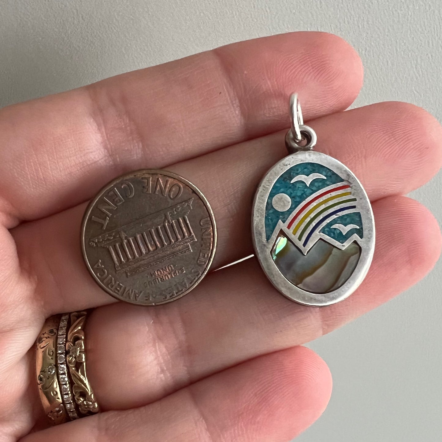 V I N T A G E // serene scene / sterling silver inlay pendant with rainbow and mountain