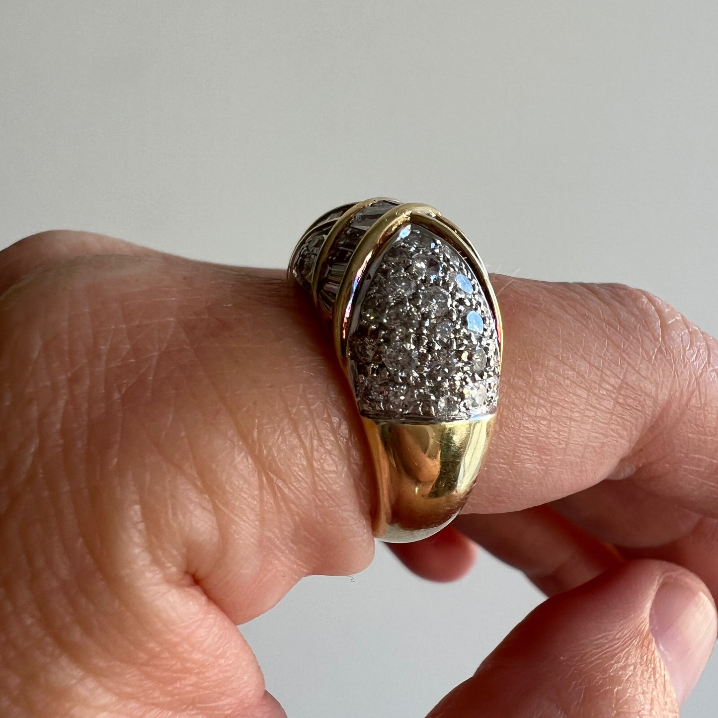 V I N T A G E // sparkle hug / 14k yellow and white gold dome with baguette and round diamonds / size 7