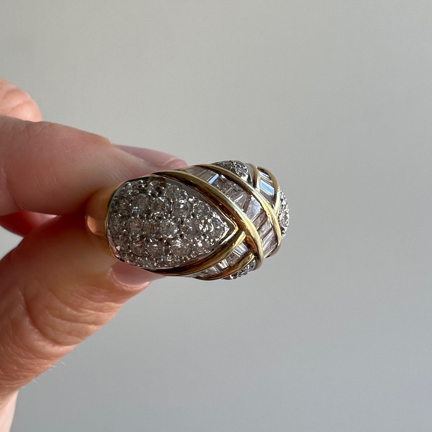 V I N T A G E // sparkle hug / 14k yellow and white gold dome with baguette and round diamonds / size 7