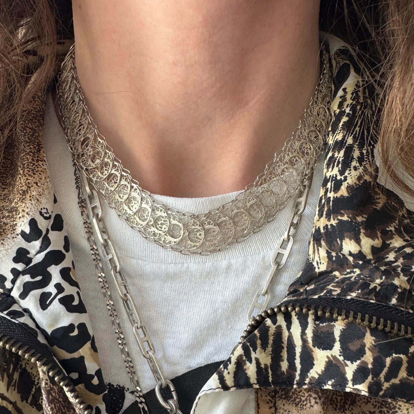 V I N T A G E // many many moons / sterling silver crescent moon filigree link flat chain necklace / 15", 18.8g